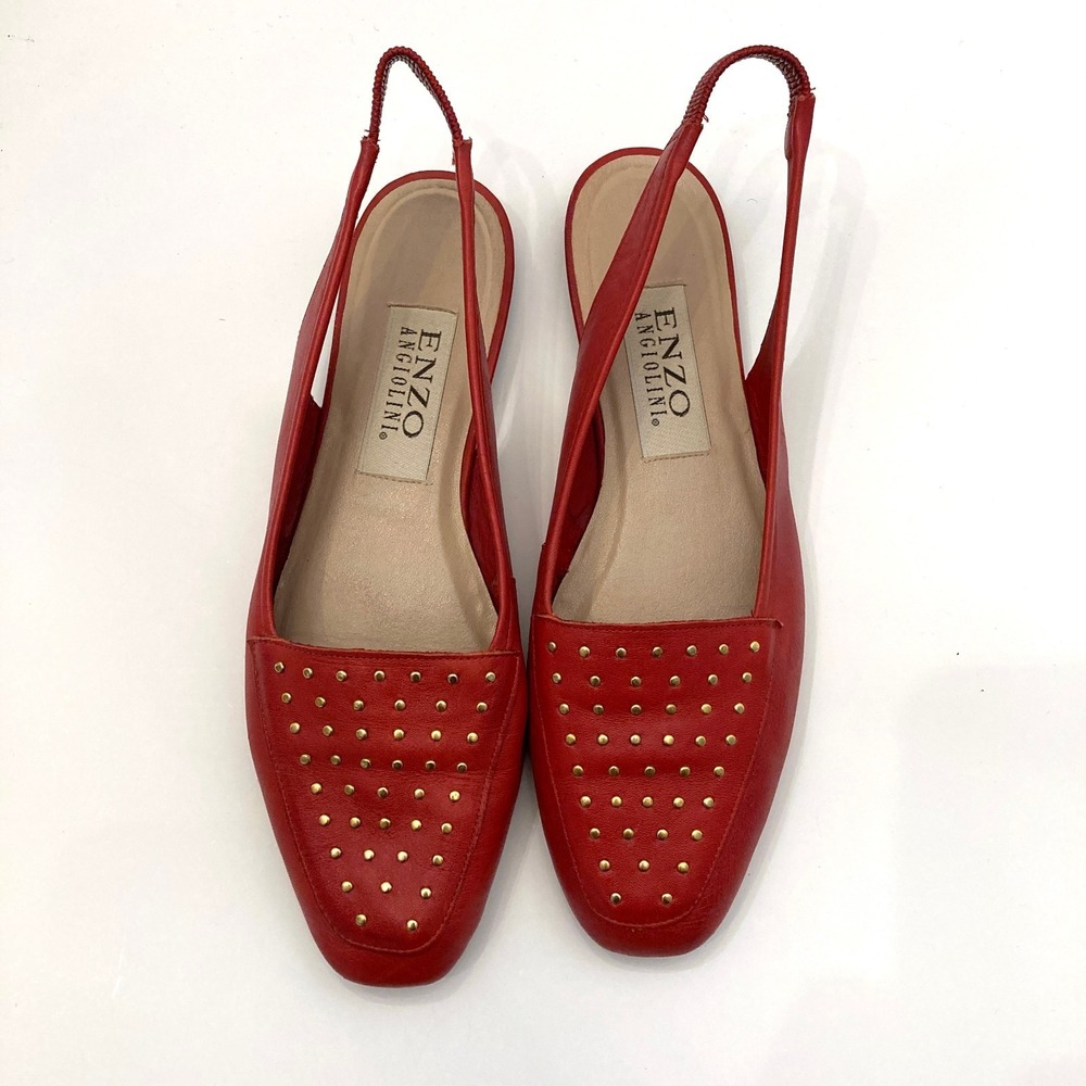 Enzo Angiolini Red Leather Studded Slingback Flats Square Toe Womens 7.5M Semina